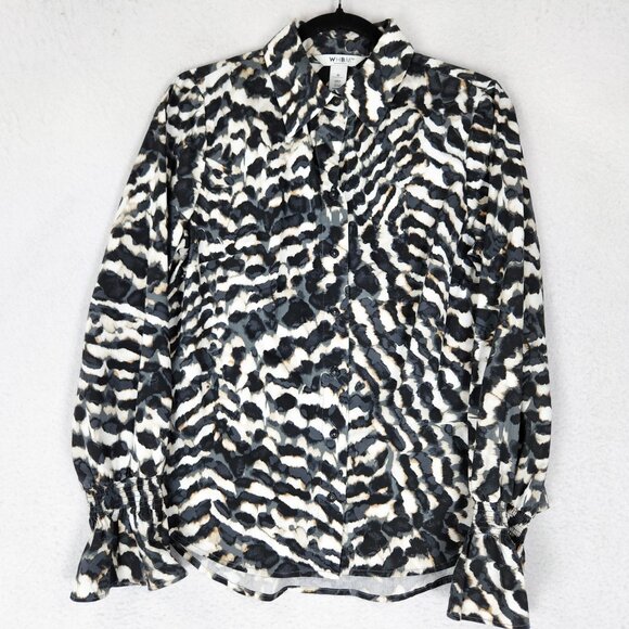 WHBM Shirt Womens Medium Black White Zebra Print Button Up Long Sleeve Blouse - Picture 1 of 11